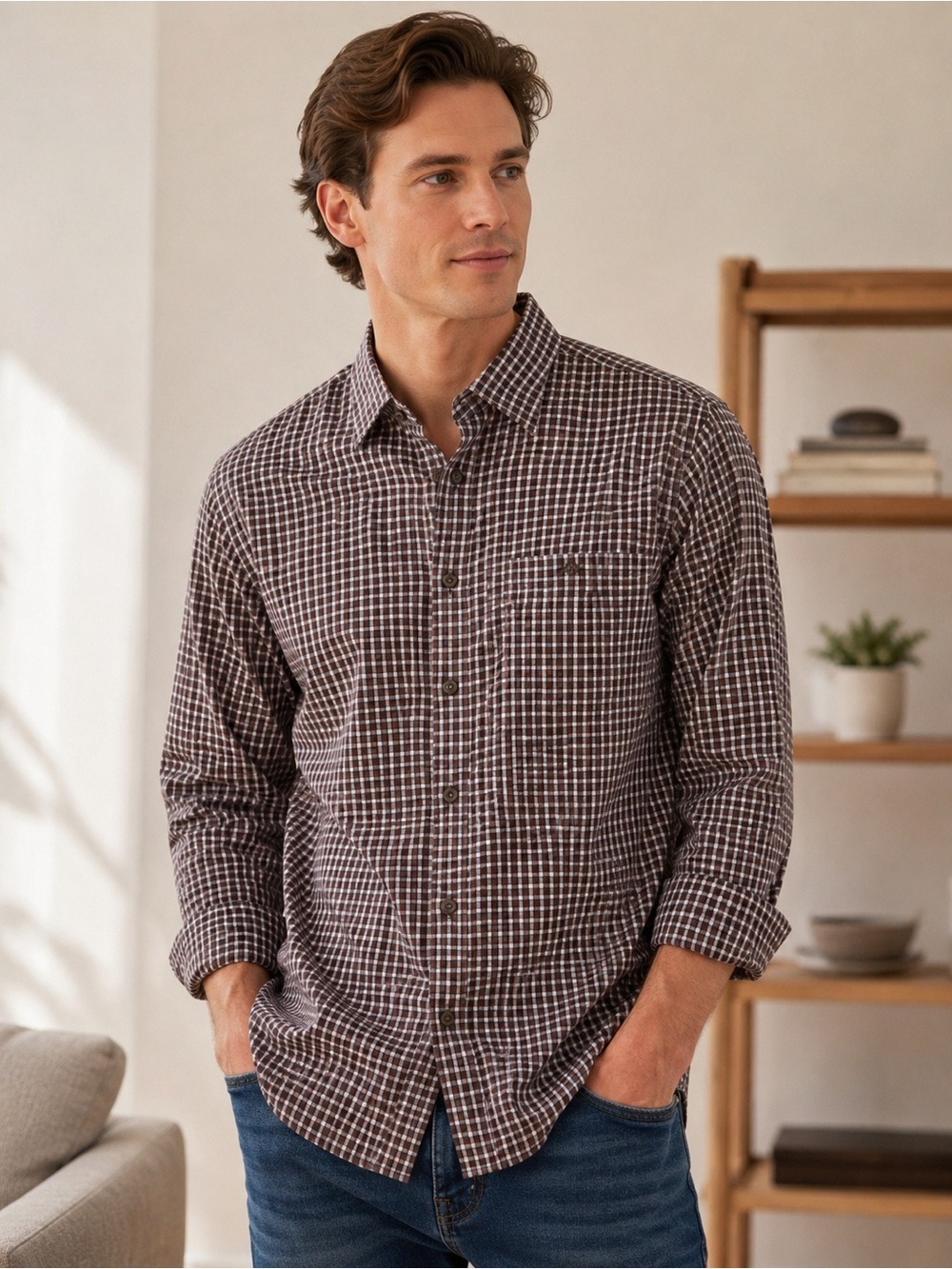 Ike Behar New York Men’s Plaid Button-Down Shirt Brown/White XL 100% Cotton